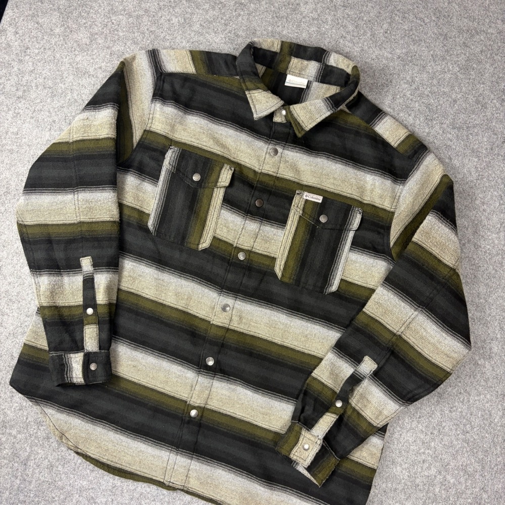 Columbia Mens XL Heavy Flannel Shirt Striped Snap Front Olive Grey Tan Outdoor